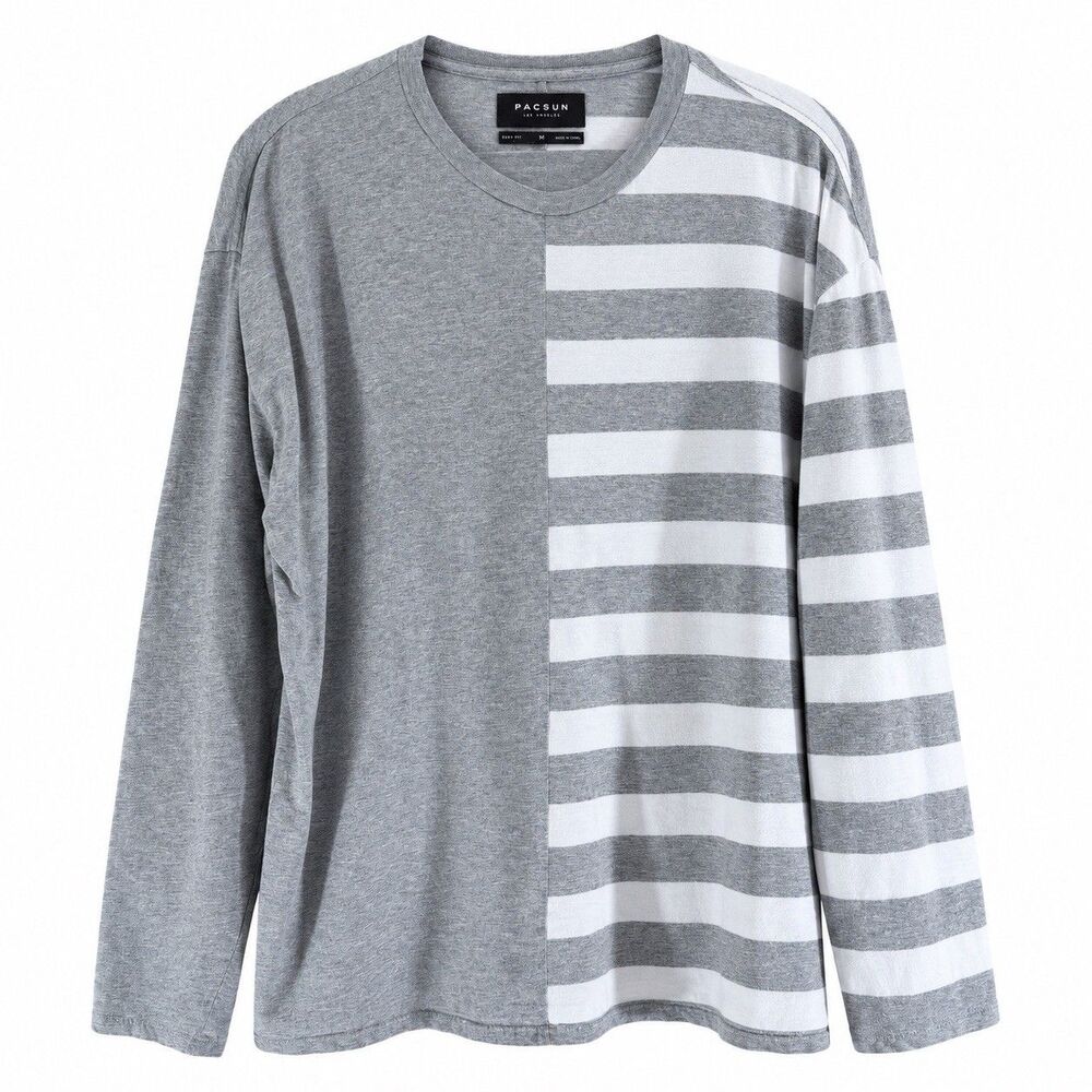PacSun Boxy Fit Long Sleeve Shirt Men’s M Gray White Split Stripe 100% Cotton